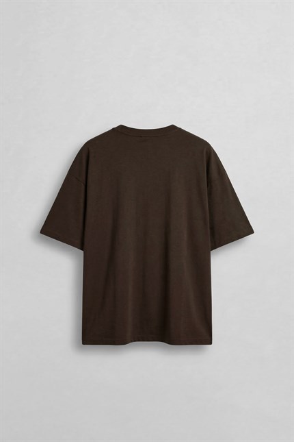 Erkek Boxy Fit Basic %100 Pamuklu T-Shirt Kahverengi