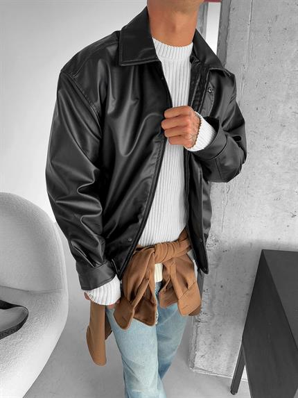 Erkek Oversize Basic Deri Ceket Siyah