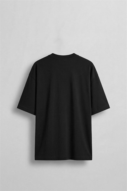 Erkek Oversize Basic Minimal Logo Nakışlı T-Shirt Siyah