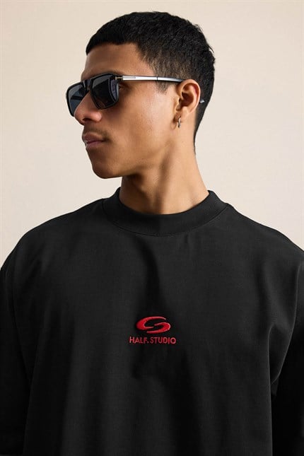 Erkek Oversize Basic Minimal Logo Nakışlı T-Shirt Siyah