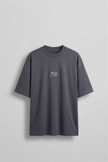 Erkek Oversize Basic Minimal Logo Nakışlı T-Shirt Antrasit
