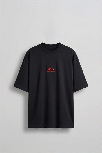 Erkek Oversize Basic Minimal Logo Nakışlı T-Shirt Siyah