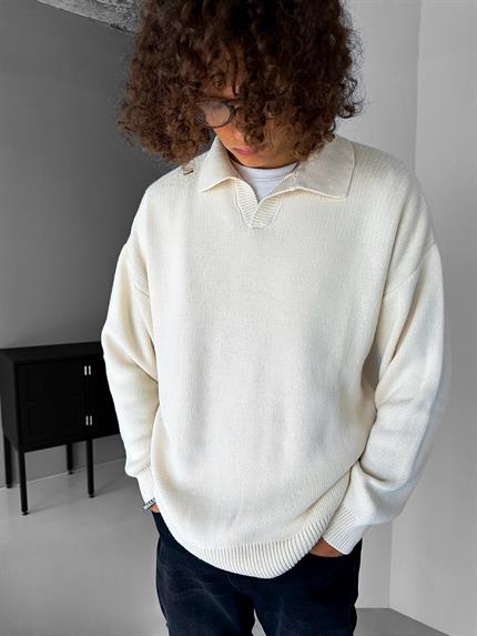 Erkek Oversize Basic Polo V Yaka Triko Kazak Bej