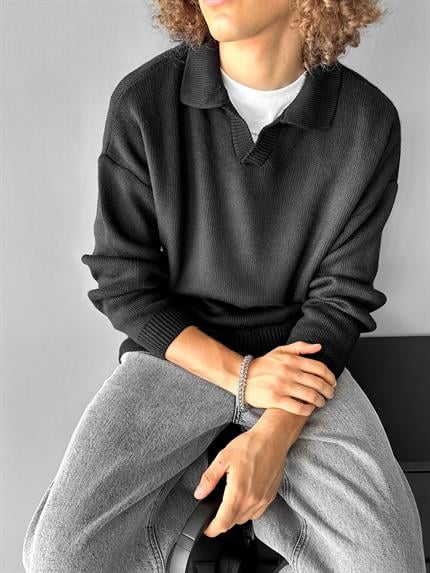 Erkek Oversize Basic Polo V Yaka Triko Kazak Siyah
