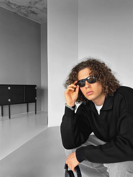 Erkek Oversize Basic Polo V Yaka Triko Kazak Siyah