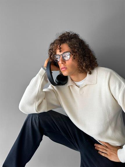 Erkek Oversize Basic Polo V Yaka Triko Kazak Bej