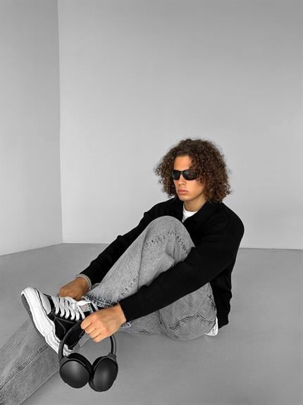 Erkek Oversize Basic Polo V Yaka Triko Kazak Siyah