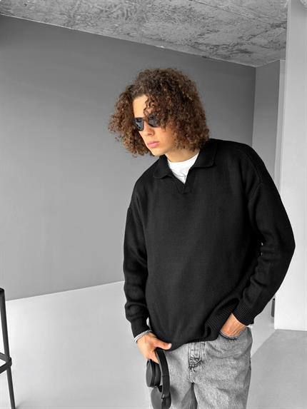 Erkek Oversize Basic Polo V Yaka Triko Kazak Siyah