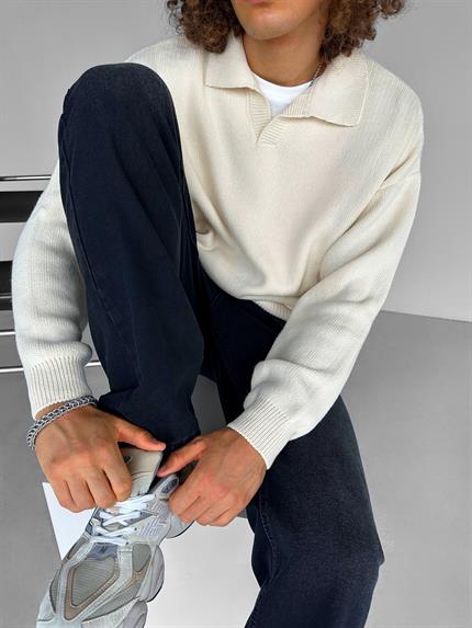 Erkek Oversize Basic Polo V Yaka Triko Kazak Bej