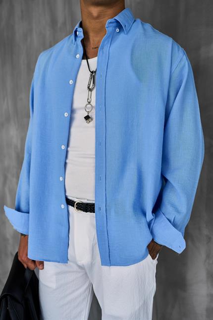 Erkek Oversize Basic Rahat Gömlek Açık Mavi