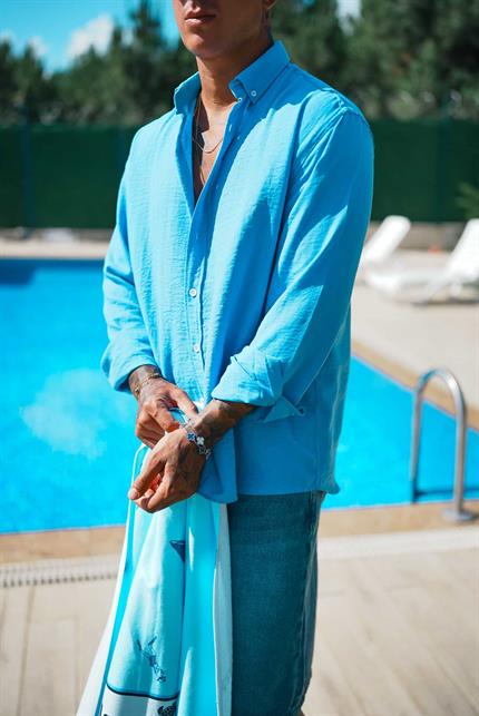 Erkek Oversize Basic Rahat Gömlek Açık Mavi