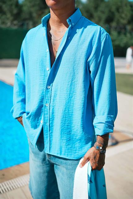 Erkek Oversize Basic Rahat Gömlek Açık Mavi