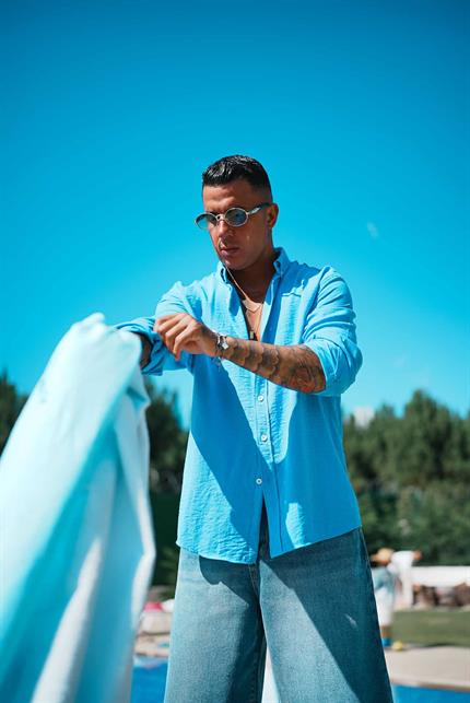 Erkek Oversize Basic Rahat Gömlek Açık Mavi