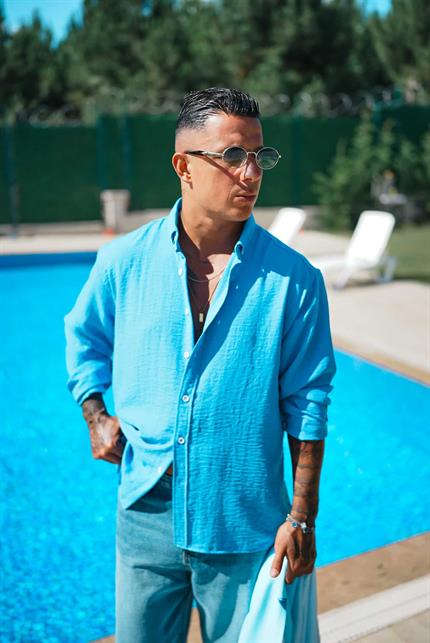 Erkek Oversize Basic Rahat Gömlek Açık Mavi
