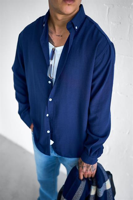 Erkek Oversize Basic Rahat Gömlek Lacivert