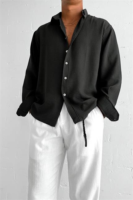 Erkek Oversize Basic Rahat Gömlek Siyah