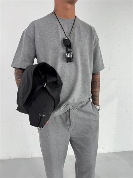 Erkek Oversize Basic Rahat T-Shirt Gri Melanj