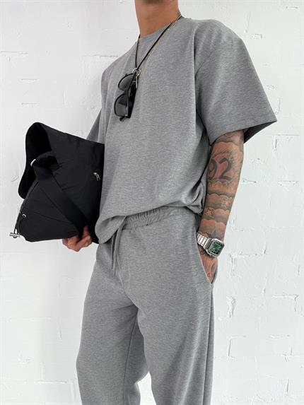 Erkek Oversize Basic Rahat T-Shirt Gri Melanj