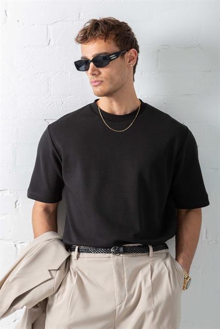 Erkek Oversize Basic Rahat T-Shirt Siyah