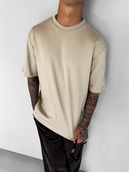 Erkek Oversize Premium Kumaş Gramajlı Basic T-Shirt Bej