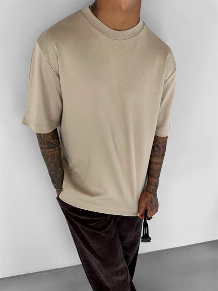 Erkek Oversize Premium Kumaş Gramajlı Basic T-Shirt Bej