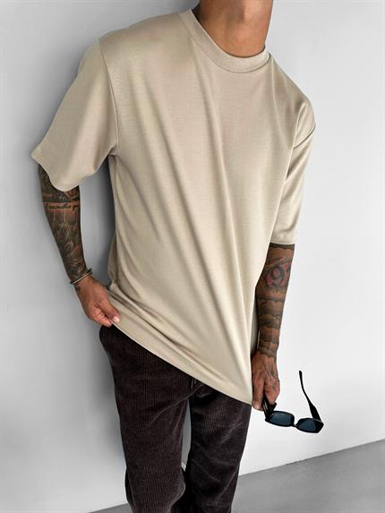 Erkek Oversize Premium Kumaş Gramajlı Basic T-Shirt Bej