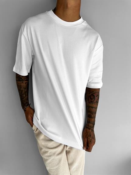 Erkek Oversize Premium Kumaş Gramajlı Basic T-Shirt Beyaz