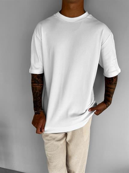 Erkek Oversize Premium Kumaş Gramajlı Basic T-Shirt Beyaz