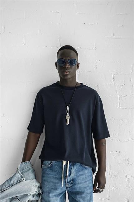 Erkek Oversize Premium Kumaş Gramajlı Basic T-Shirt Lacivert