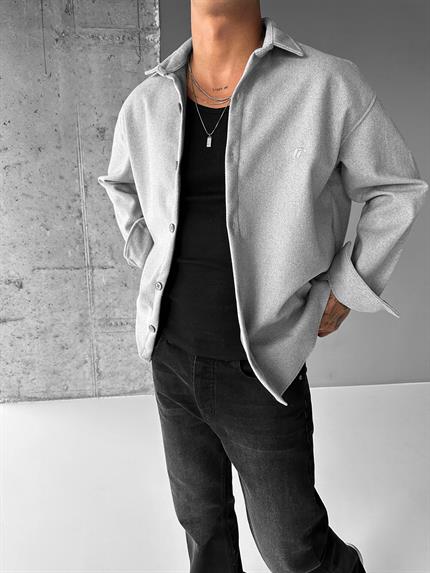 Erkek Oversize Basic Uzun Kollu Kaşe Gömlek Gri