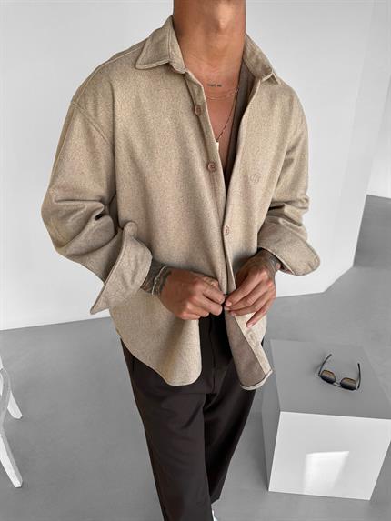 Erkek Oversize Basic Uzun Kollu Kaşe Gömlek Bej