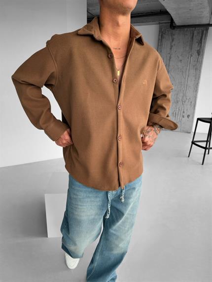 Erkek Oversize Basic Uzun Kollu Kaşe Gömlek Taba