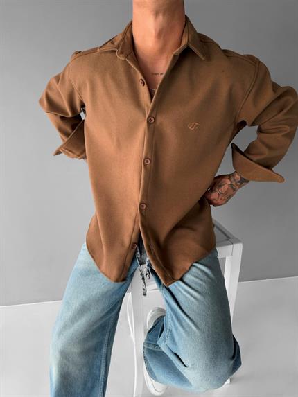 Erkek Oversize Basic Uzun Kollu Kaşe Gömlek Taba