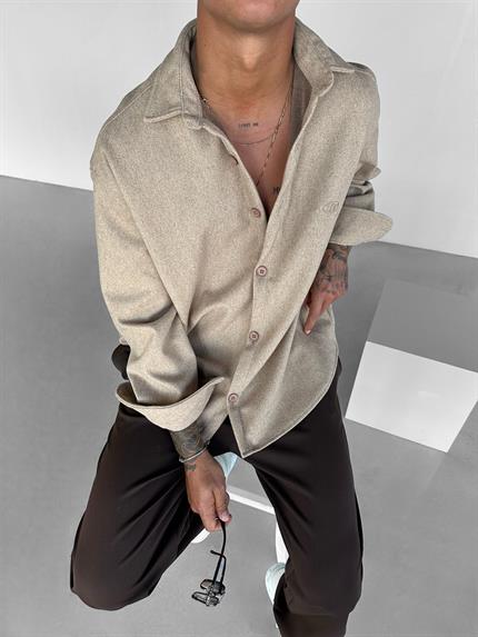 Erkek Oversize Basic Uzun Kollu Kaşe Gömlek Bej