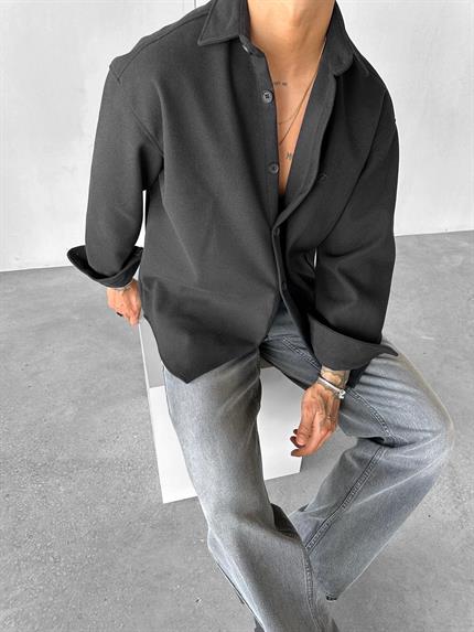 Erkek Oversize Basic Uzun Kollu Kaşe Gömlek Siyah