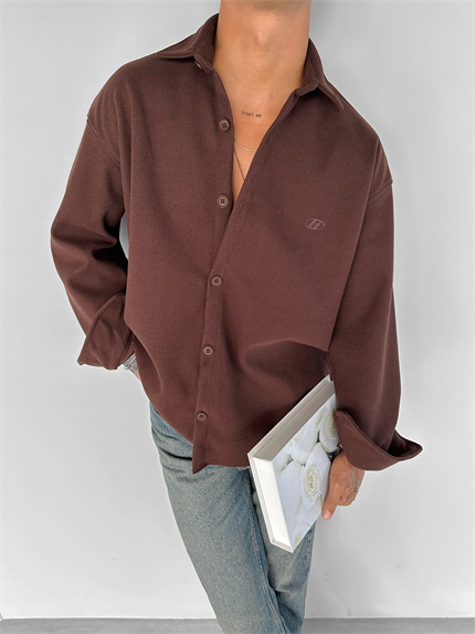 Erkek Oversize Basic Uzun Kollu Kaşe Gömlek Kahverengi