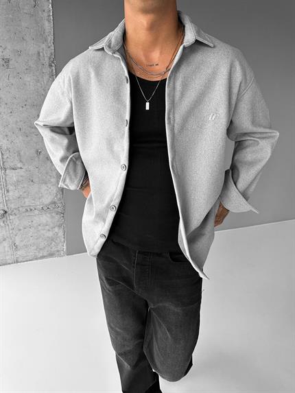 Erkek Oversize Basic Uzun Kollu Kaşe Gömlek Gri