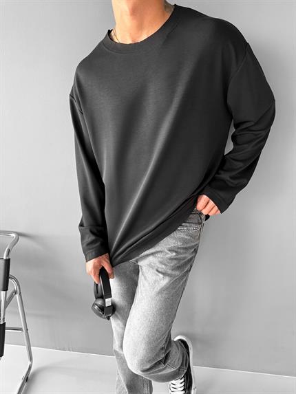 Erkek Oversize Basic Uzun Kollu Sweatshirt Siyah