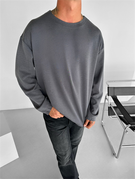 Erkek Oversize Basic Uzun Kollu Sweatshirt Antrasit