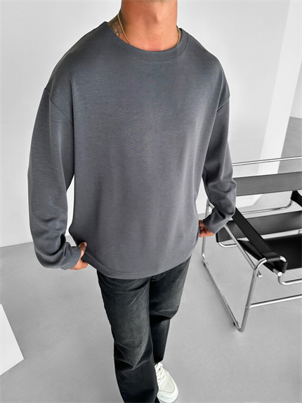 Erkek Oversize Basic Uzun Kollu Sweatshirt Antrasit