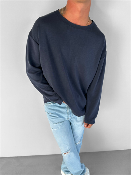 Erkek Oversize Basic Uzun Kollu Sweatshirt Lacivert