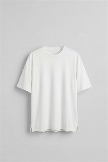 Erkek Oversize Basic Yumuşak Dokulu Rahat T-Shirt Ekru