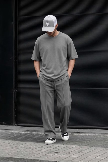 Erkek Oversize Basic Yumuşak Dokulu Rahat T-Shirt Füme