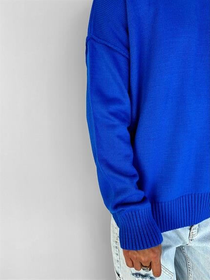 Erkek Oversize Basic Yuvarlak Yaka Pamuklu Kazak Mavi