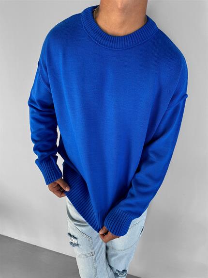 Erkek Oversize Basic Yuvarlak Yaka Pamuklu Kazak Mavi