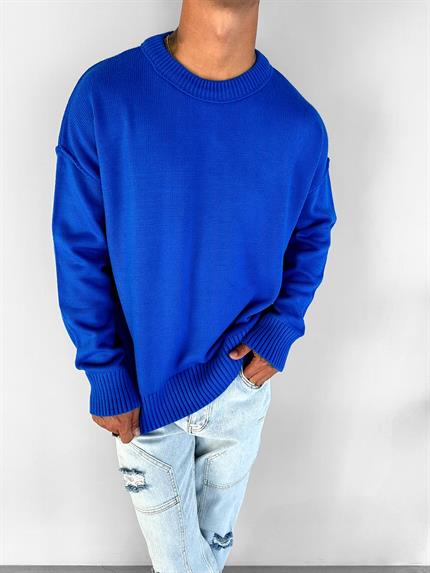 Erkek Oversize Basic Yuvarlak Yaka Pamuklu Kazak Mavi