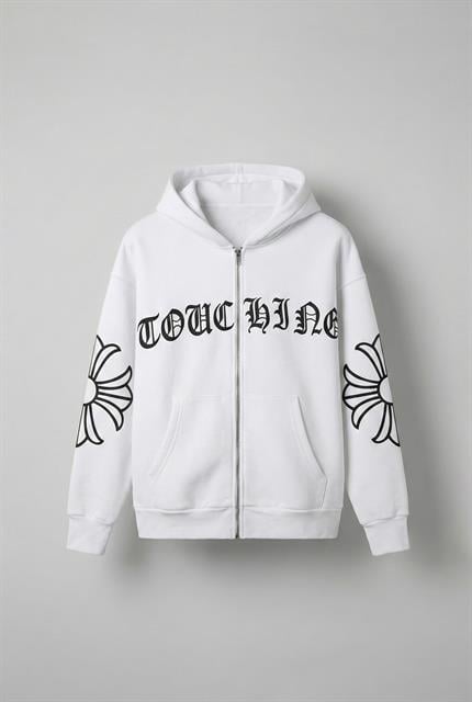 Erkek Oversize Baskılı Kanguru Cepli Fermuarlı Hoodie Beyaz