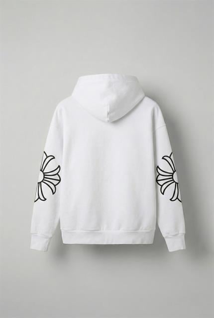 Erkek Oversize Baskılı Kanguru Cepli Fermuarlı Hoodie Beyaz