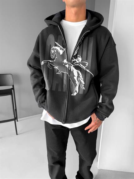 Erkek Oversize Baskılı Kapüşonlu Fermuarlı Sweatshirt Siyah