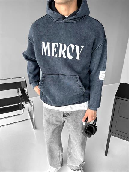 Erkek Oversize Baskılı Kapüşonlu Pamuklu Sweatshirt Siyah